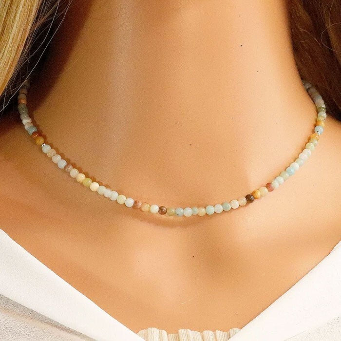 2mm Matte Amazonite Faceted Beads Choker Healing Dainty Women Crystal Necklace