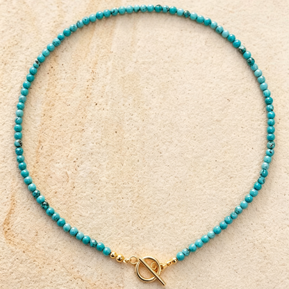 Natural Turquoise 4mm round beaded Necklace Toggle Clasp Boho Choker for women