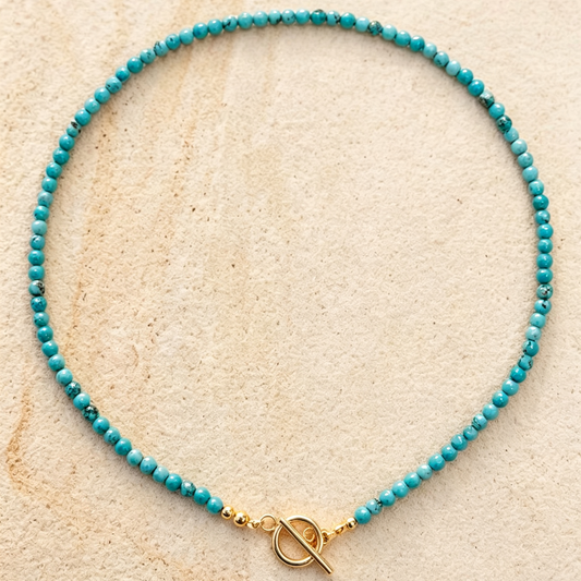 Natural Turquoise 4mm round beaded Necklace Toggle Clasp Boho Choker for women