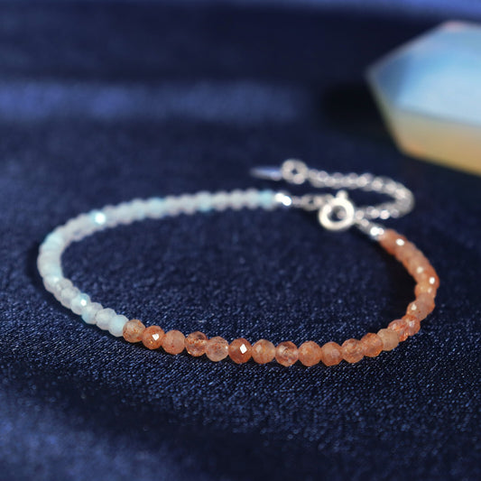 Sunstone & White Moonstone 3mm Beads Healing Reiki Dainty Women Crystal Bracelet