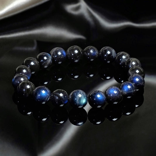 Blue Cat Eye Labradorite Flash Round Bead Healing Balance Stretch Women Bracelet