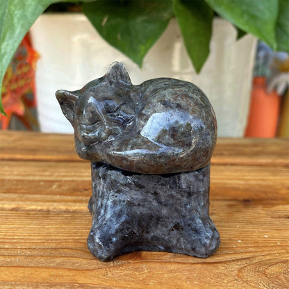 2" Emberlite Sleeping Cat Crystal Carving UV Glow Stone Yooperlite Cat Figurine