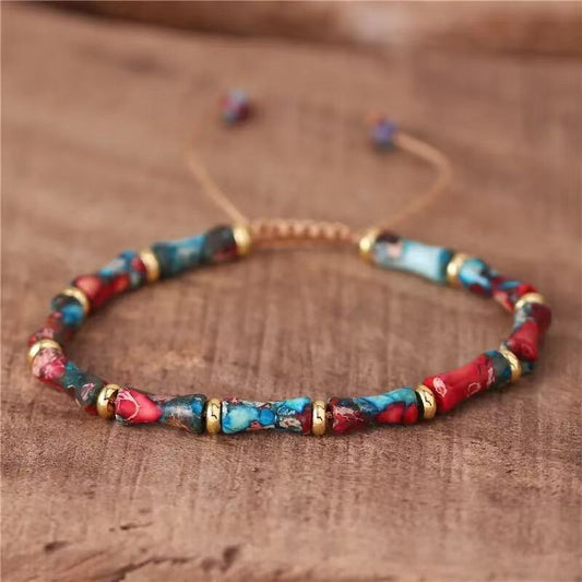 Sea Sediment Jasper Bamboo Shaped Beads Handmade Woven Healing Gemstone Bracelet