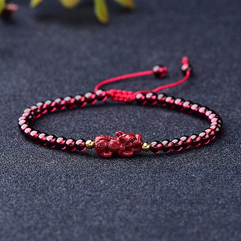 Natural Garnet 4mm Round Bead Pixiu Fengshui Wealth Healing Luck Women Bracelet