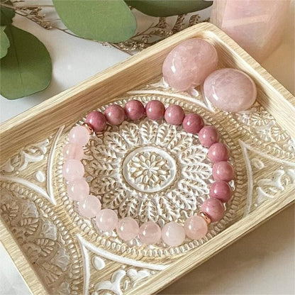 Rose Quartz & Rhodonite Crystal Beads Healing Bracelet for unconditional love