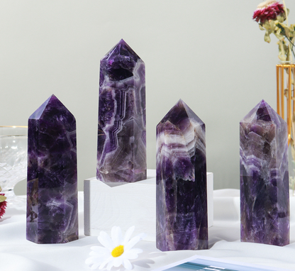 Natural Chevron Amethyst Healing Crystal Wands Obelisk Tower Point Home Decor