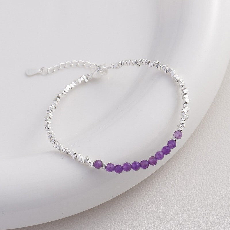 Amethyst Purple Crystal Sterling Silver Beaded Healing Protection Women Bracelet