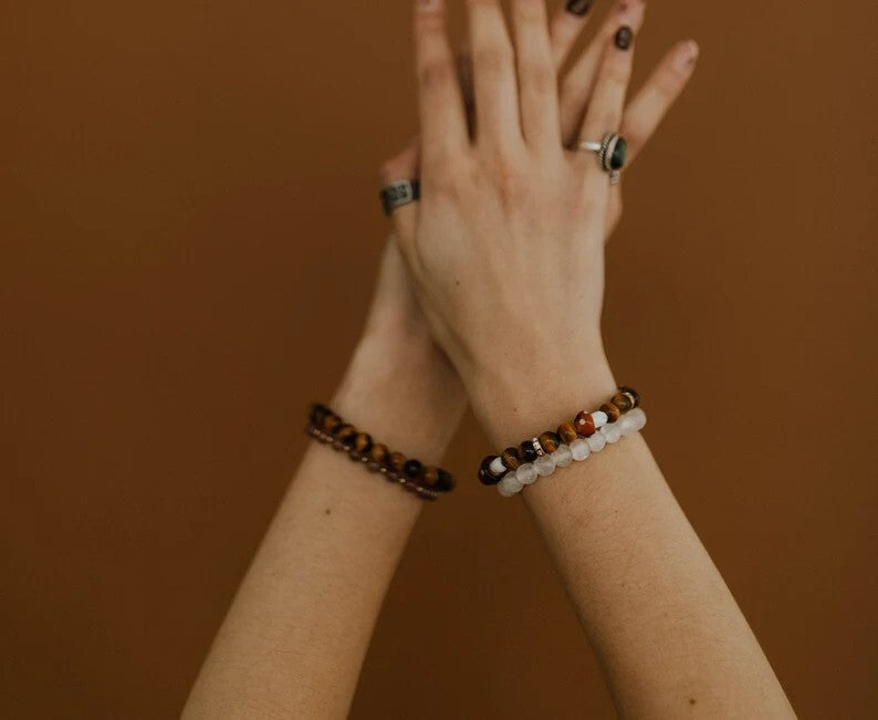Mushroom Crystal Bracelet Tigers Eye Beaded Healing Anxiety Relief Bracelet Gift