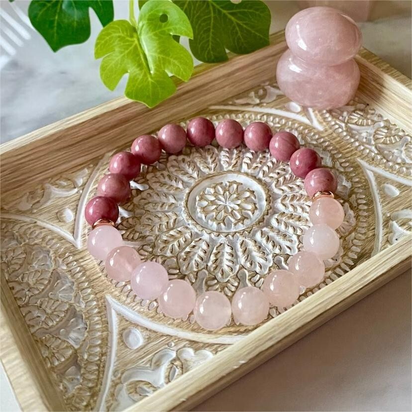 Rose Quartz & Rhodonite Crystal Beads Healing Bracelet for unconditional love