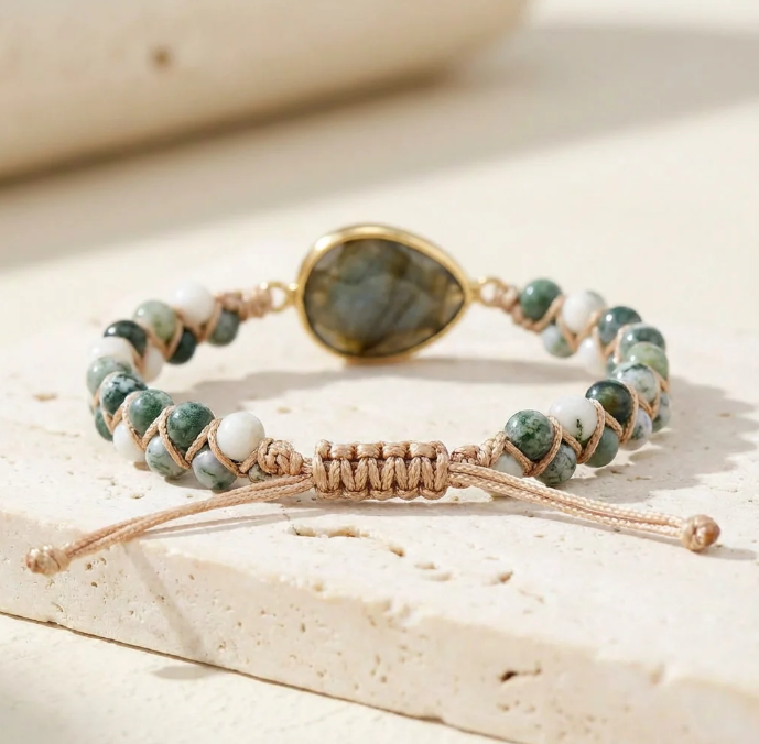 Natural Labradorite Moss Agate Beaded Stone Healing Calming Women Bracelet Gift