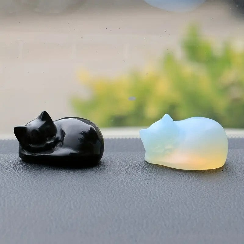 2 Pcs/set Opal & Obsidian Sleeping Cat, Hand Carved, Home Decor, Healing Crystal