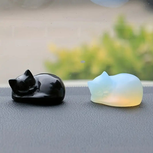 2 Pcs/set Opal & Obsidian Sleeping Cat, Hand Carved, Home Decor, Healing Crystal