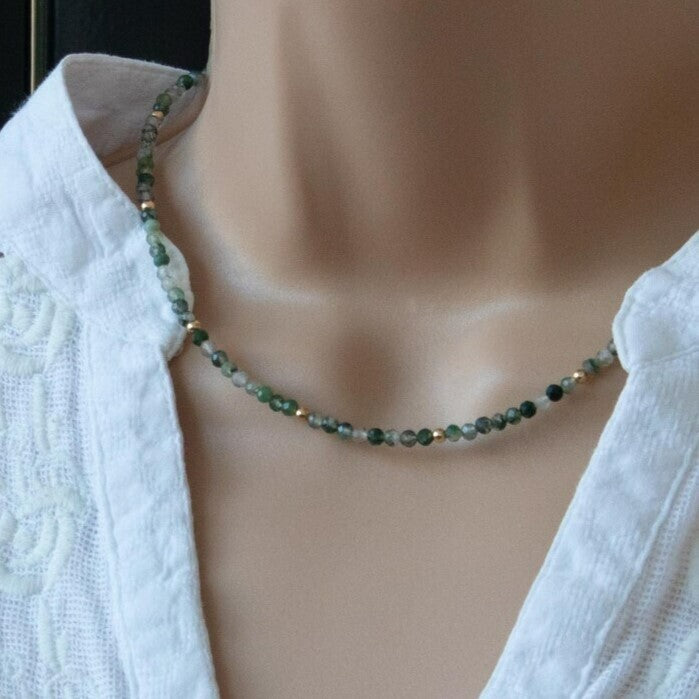 Moss Agate Tiny 3mm Bead Choker Healing Dainty Minimalist Women Crystal Necklace