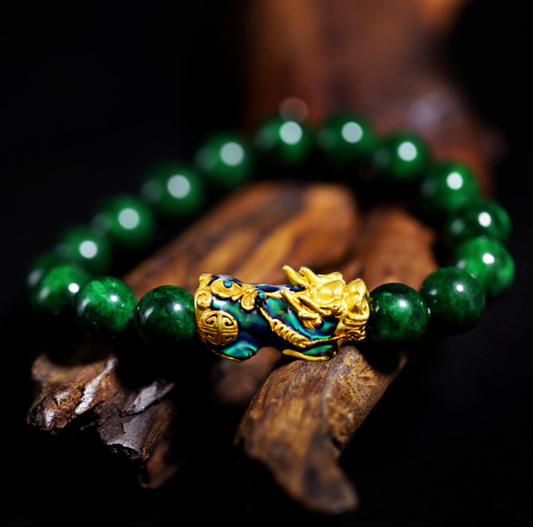 Natural Emerald 10MM Beads Pixiu Fengshui Wealth Luck Men Strength Bracelet Gift