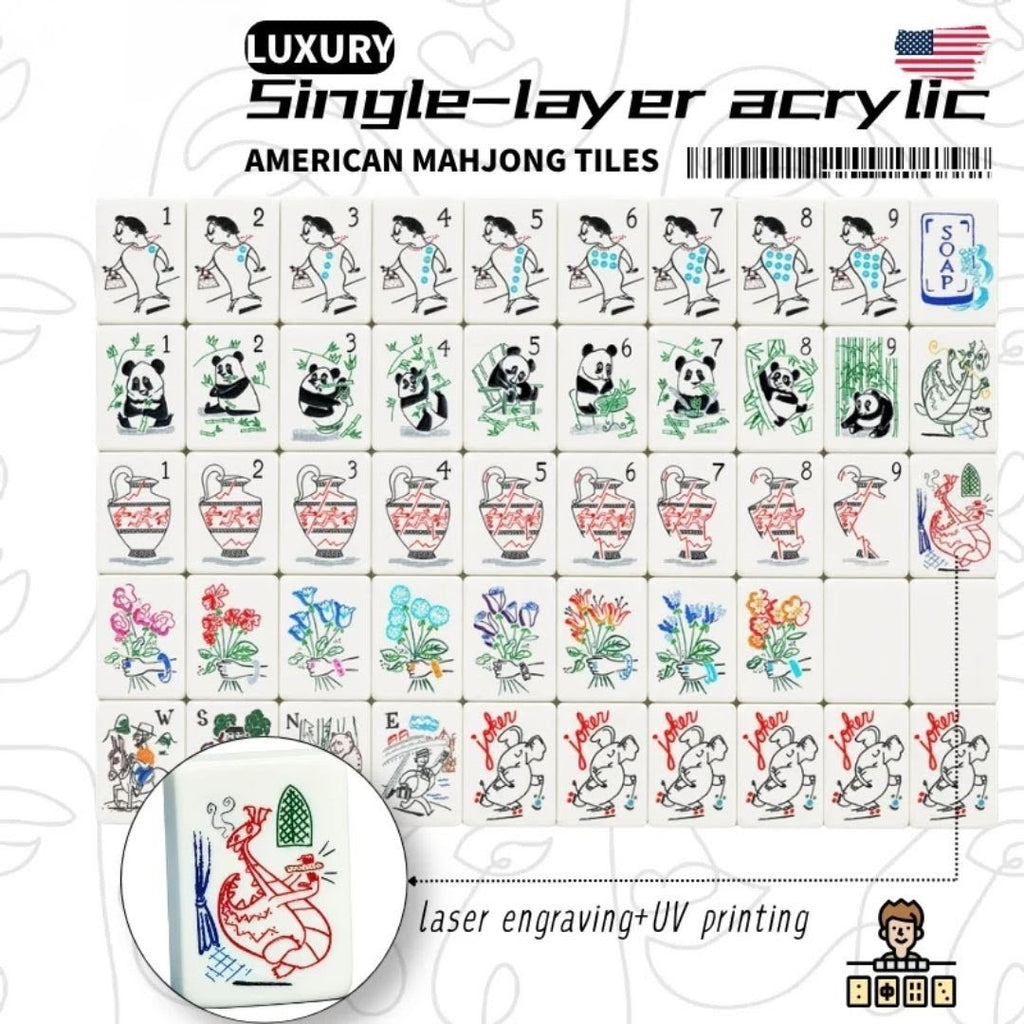 Panda & Bamboo American Mahjong Set 152 Single-Layer White Acrylic Tiles