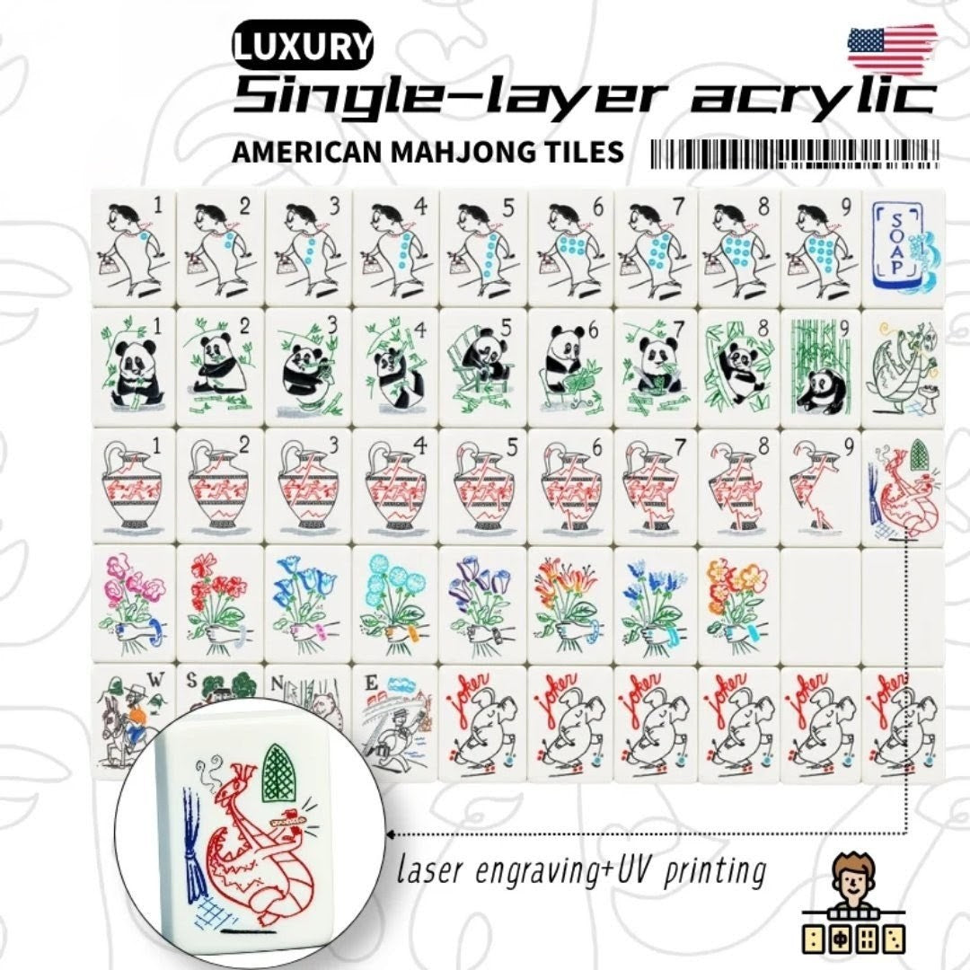 Panda & Bamboo American Mahjong Set 152 Single-Layer White Acrylic Tiles