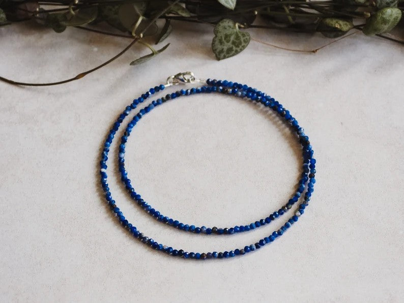 Blue Sodalite 2mm Beaded Choker Healing Anxiety Relief Calm Women Necklace Gift