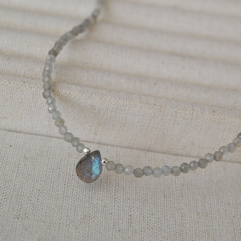 Premium AA Grade Natural Labradorite Beaded Drop Pendant Dainty Women Necklace