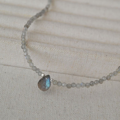 Premium AA Grade Natural Labradorite Beaded Drop Pendant Dainty Women Necklace