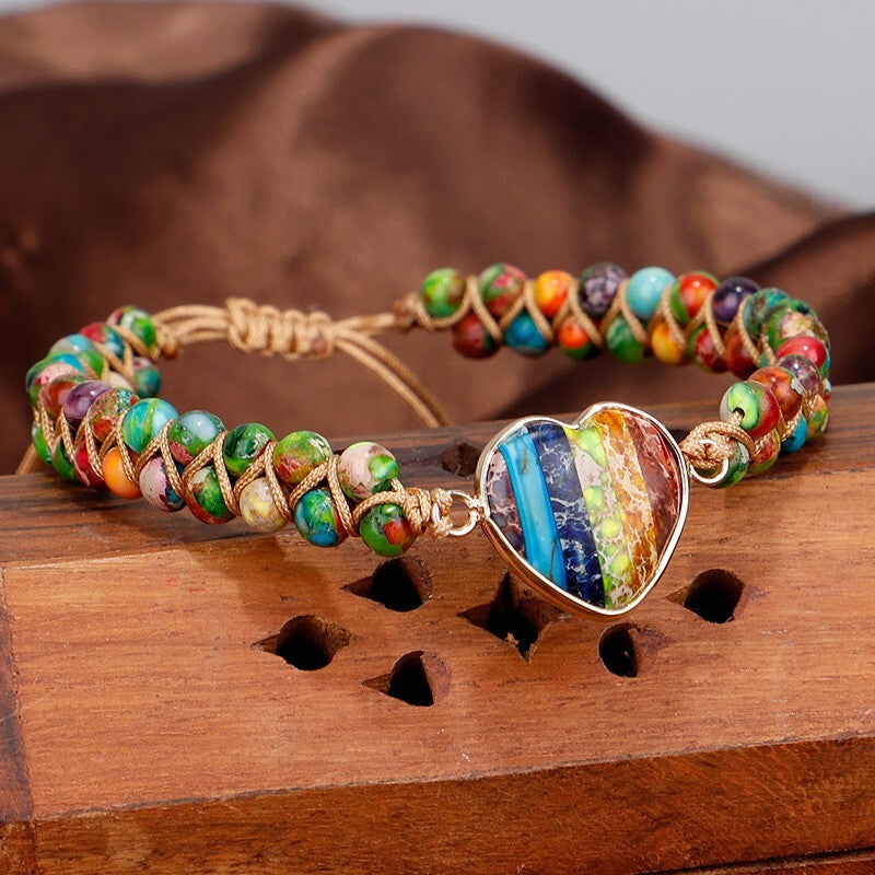 7 Chakra Handmade Braided Heart Charm Sea Sediment Healing Reiki Bracelet Gifts