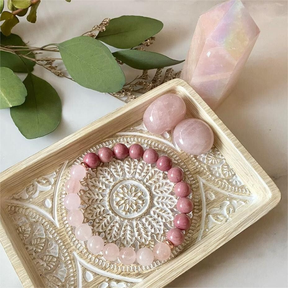 Rose Quartz & Rhodonite Crystal Beads Healing Bracelet for unconditional love