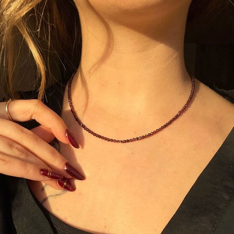 Red Garnet Beaded Choker Healing Dainty Women Crystal Summer Boho Necklace Gift