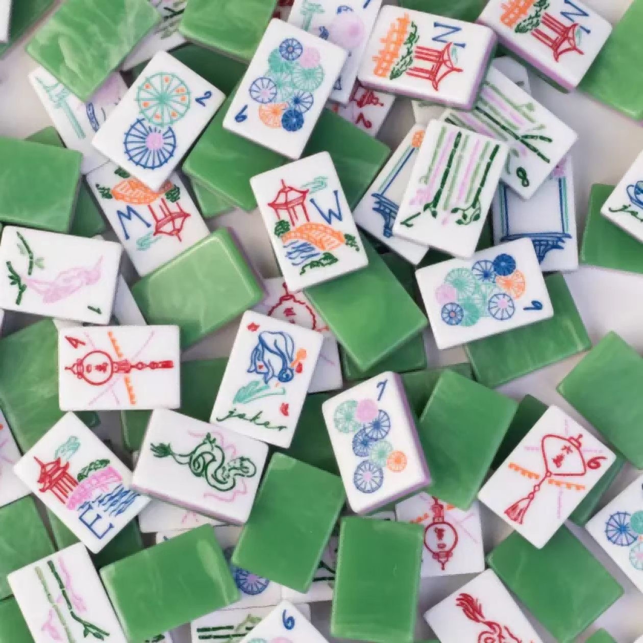 160Pcs American Mahjong Tiles 3-Layer Acrylic Green Hand-Painted Set + Free Bag