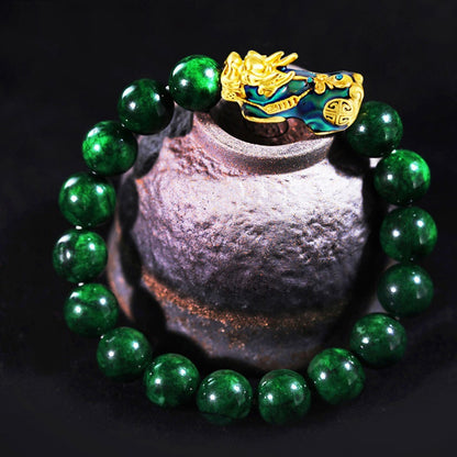 Natural Emerald 10MM Beads Pixiu Fengshui Wealth Luck Men Strength Bracelet Gift