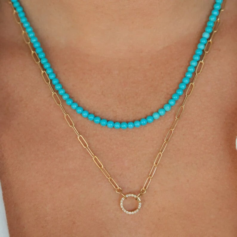 Gemstone Beaded Choker Natural Blue Turquoise 3mm Beads Healing Women Necklace