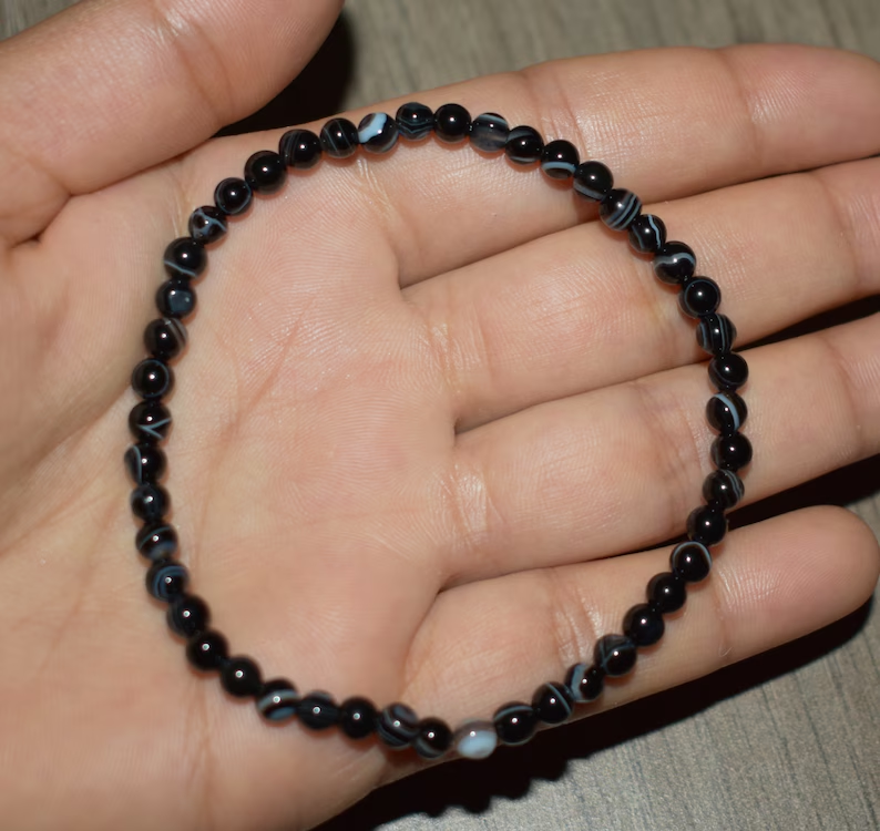 Striped Black Onyx Sardonyx 4mm Small Beads Healing Reiki Chakra Unisex Bracelet