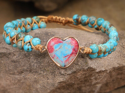 Handmade Heart Natural Gemstone Sea Sediment Healing Chakra Women Bracelet Gifts