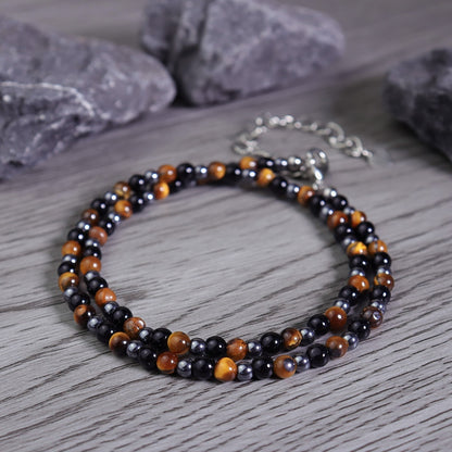 Triple Protection Tiger Eye Obsidian Hematite Beaded Women Men's Choker Necklace