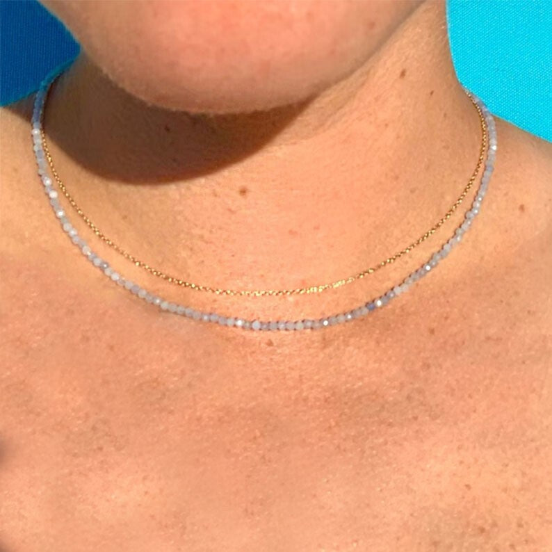 Blue Aquamarine Tiny 2mm Beaded Choker Healing Delicate Women Crystal Necklace
