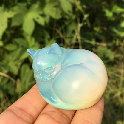 2 Pcs/set Opal & Obsidian Sleeping Cat, Hand Carved, Home Decor, Healing Crystal