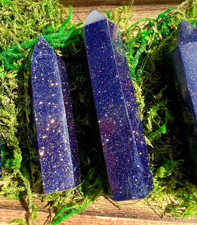 Blue Goldstone Healing Crystal Wand Tower Point Home Office Decor Ornament Gifts