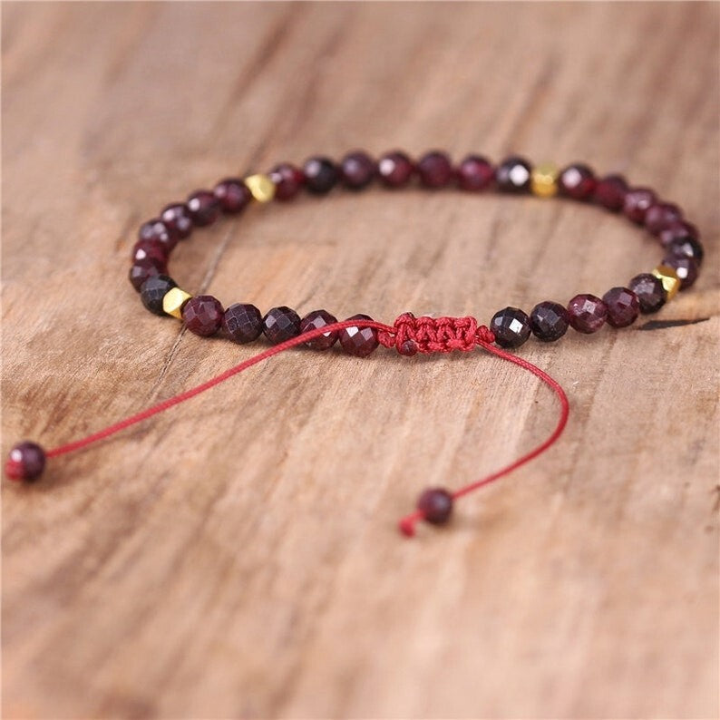4 mm Garnet Round Bead Tibetan Healing Dainty Women Girls Handmade Bracelet Gift