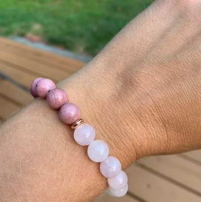 Rose Quartz & Rhodonite Crystal Beads Healing Bracelet for unconditional love