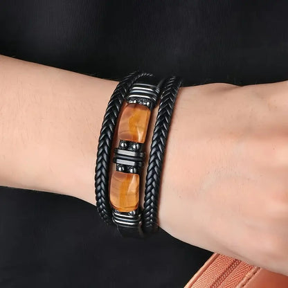 Tiger's Eye Beaded 3 Strand Handmade Fashion Healing Strength Men Bracelet Gifts