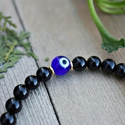 Black Tourmaline Beaded Blue Evil Eye Healing EMF Protection Stone Bracelet Gift
