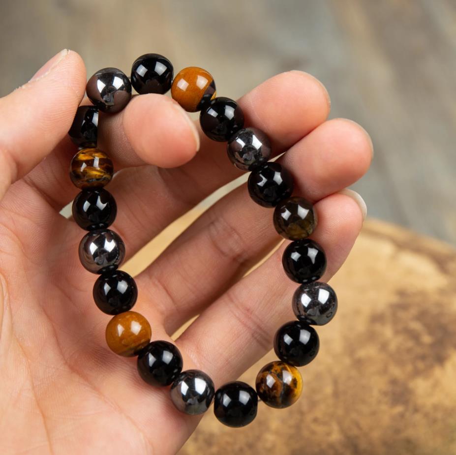 10mm Round Beads Triple Protection Tiger Eye Obsidian Hematite Stretch Bracelet