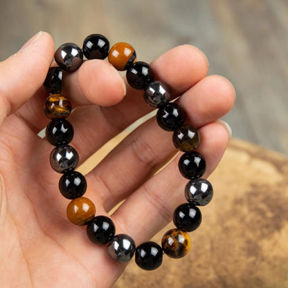 10mm Round Beads Triple Protection Tiger Eye Obsidian Hematite Stretch Bracelet