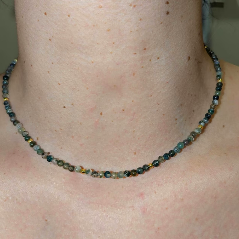 Moss Agate Tiny 3mm Bead Choker Healing Dainty Minimalist Women Crystal Necklace