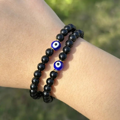 Black Tourmaline Beaded Blue Evil Eye Healing EMF Protection Stone Bracelet Gift