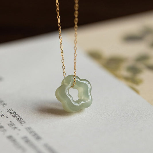 Hetian Green Jade Flower Pendant Healing Dainty Delicate Women Necklace Gifts