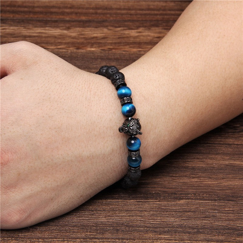 Blue Tiger Eye & Lava Stone 8mm Beads Wolf Charm Healing Strength Men Bracelet