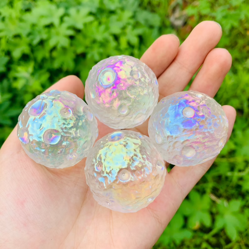 Angel Aura Quartz Full Moon Healing Crystal Carving Sphere Home Car Decor Gifts