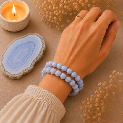 Blue Lace Agate 8mm Beaded Healing Inner Peace Peaceful Stretch Bracelet Gift
