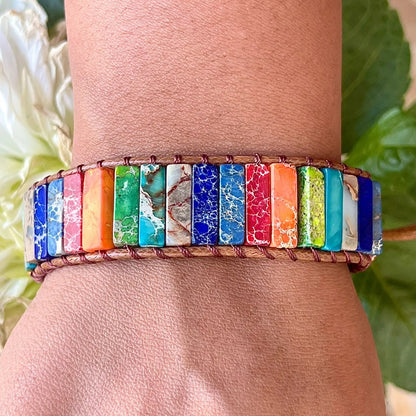 Imperial Jasper 7 Chakra Gemstone Boho Leather Handmade Healing Women Bracelet