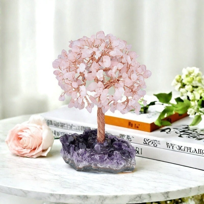 Rose Quartz Tree Of Life with Amethyst Base Large Crystal Tree Home Decor Gift