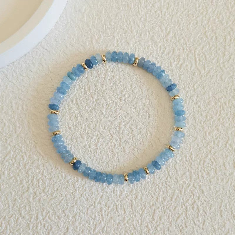 Premium Blue Aquamarine Rondelle Beaded Healing Calming Stretch Bracelet Gifts